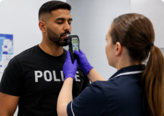 A healthcare worker administers a breathalyzer test to a man in a POLICE t-shirt.