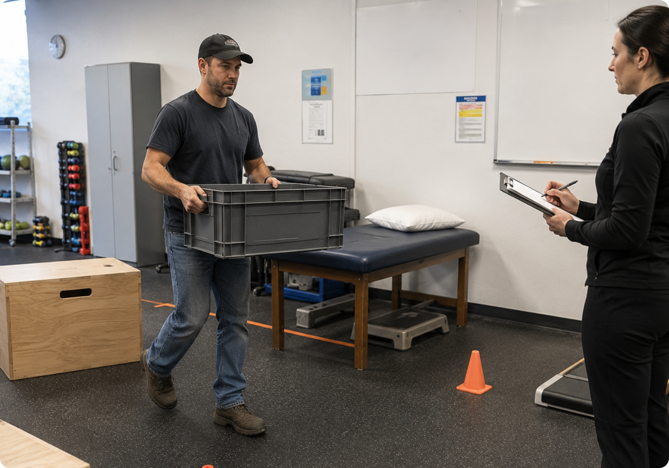 A supervisor evaluating a worker carrying a heavy plastic crate during a functional capacity assessment.