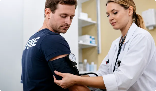 A female doctor measuring the blood pressure of a firefighter during a medical checkup.